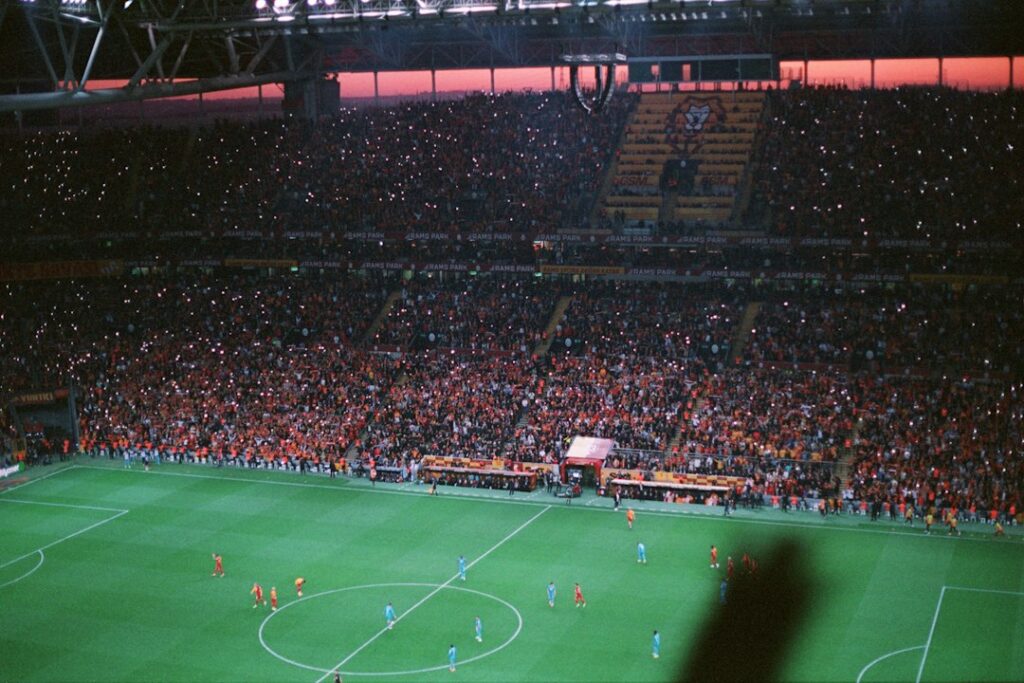 Crowd watching a Champions League style night match